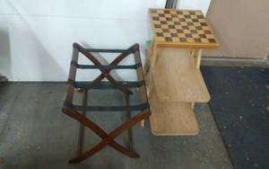lot 29 image: 3-Tier Wood Shelf, Wood Checker Board, Folding Luggage Stand