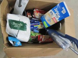 lot 1 image: Open Boxes- Bona Floor Cleaning Unit, Storage BagsZip-lock, Plunger Set, Aluminum Foil, Toilet Paper 9