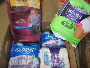 lot 2 image: Open Packaging- Always Maxi- Overnight (2), Depend Silhouette (sm), Always Discreet Pads (XL) 4C