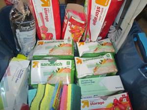 lot 6 image: Cleaning- Open Packaging- 30 ct. Trash Bags, 5 150 ea. Sandwich Bags, Sponges, and a Brush 2B