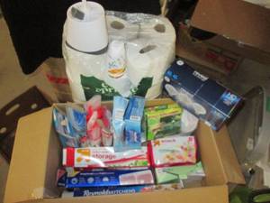 lot 8 image: Open Boxes- Light Bulbs (2  60 W), Sandwich Bags, Parchment PaperAluminum Foil, Dryer Sheets, T.P., Kitchen Brushes 9