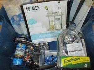 lot 9 image: Open Packaging- Q-Tips, Lazy Susan (Silver), 3 Shower Head Attachments (2 wo hoses), Brush Set, Air Freshener & Kitchen Cleaner (missing nozzles) 9