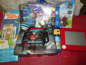 lot 10 image: Toys- Remote Car, Raw Patrol BalloonBubbles, Blow Up Gloves, Etch-A-Sketch 7C
