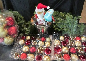 lot 30 image: Open Boxes- Ornaments LMS, Santa Nutcracker, Bird Standing Ornament, Metal Pail, Garland (Large) 8C