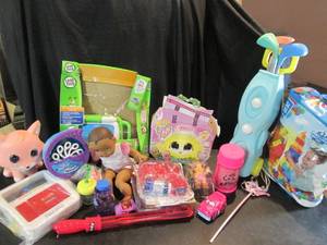 lot 36 image: Open Boxes- Kids Toys- LeapFrog, Blitz Bubble Blowout, Golf Club Set, Mega Blocks, Fisher Price Toy, Scuff A Luvs, Baby Doll 12