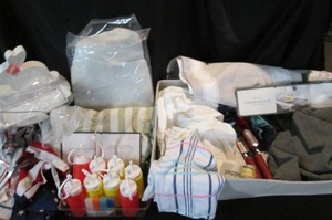 lot 49 image: KitchenDIning Lot- SaltPepper, Table Runners, Ironing Board Covers, KetchupMustard Containers, Butter Saver, Bag Clips, Bandannas, Bunny Decor 10A