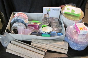 lot 50 image: Kitchen Items- Containers, Cups, Table Runners, Soap Dispenser, Plastic Bowls, Up Cycle Book- See Photos 13