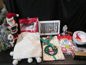lot 53 image: Holiday Decor- Mini Tree, Ornaments, Holiday Cards, Mini Nutcracker, Cereal Bowls, Gift Tags, Tree Skirt (Tear-See Photos) 10
