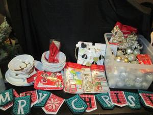 lot 54 image: Open Containers of Holiday Ornaments, Hooks, Gift Tags, PlatesBowls, Heart Garland -See Photos 10