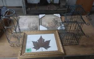 lot 44 image: Pair Picture, Large Frame Leaf 18x15, Metal Bottle Rack, Wire Cage 9x9x17