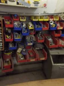 lot 139 image: Wall Mount Bracket For Hardware Sorting Bins & Contents, Rolling Bin Of Floor Dry
