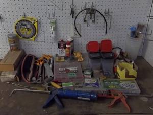 lot 143 image: Contents On Work Bench - Hardware, Scissors, Caulk Guns, Misc
