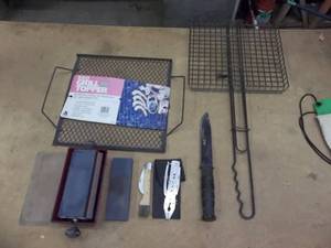 lot 199 image: Knives, Knife Sharpener, Grill Baskets