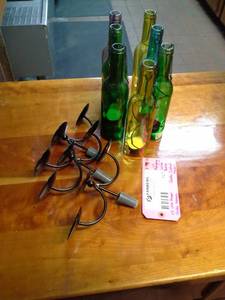 lot 127 image: Lot of (10) Candleholders - Hanging Wine Bottle Votive, Wire Stopper