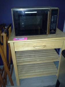 lot 144 image: Hotpoint Household Microwave Oven, 2-Tier Wood Table with Drawer