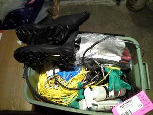 lot 173 image: Mens Size 8 Rubber Boots, Grape Can, Rope, Rubber Gloves, Spray Bottle, Misc.