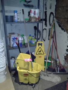 lot 175 image: Mop, Mop Bucket, CAUTION Wet Floor sign, Cleaners, Brooms, And Mpore