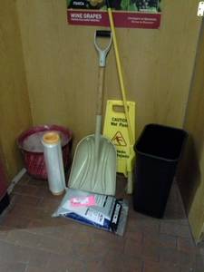lot 336 image: Scoop Shovel, Plastic Waste Can, Oreck Vacuum Bags, CAUTION Wet Floor Sign, Broom, Filters
