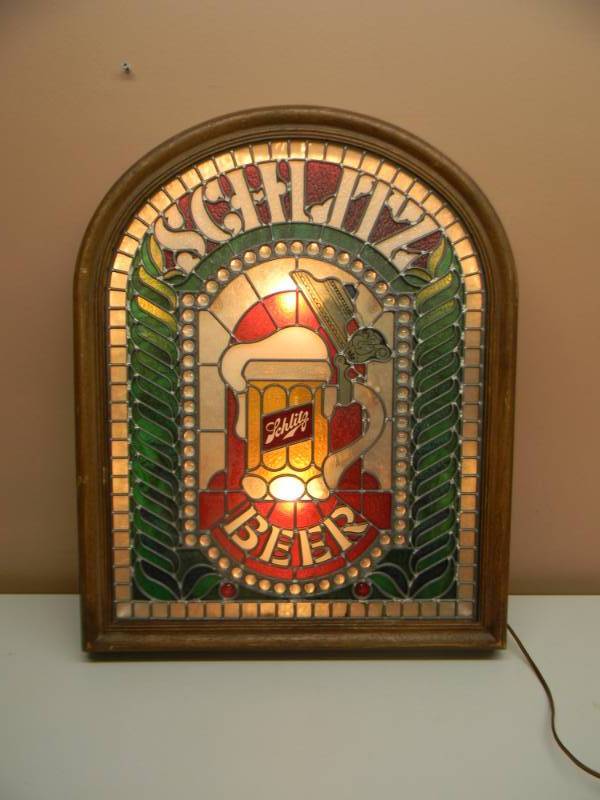 Vintage OLD STYLE FAUX STAINED GLASS LIGHTED BAR SIGN, circa 1984