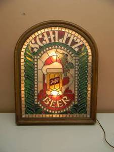 VINTAGE LARGE SCHLITZ BEER STAINED GLASS STYLE BAR LIGHT - NICE WORKS RARE - AWESOME PIECE - APPROX 21 BY 27 - SEE PICTURES