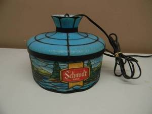 VINTAGE SCHMIDT BEER TIFFANY STYLE HANGING LAMP - NICE - APPROX 8 - WORKS - SEE PICTURES