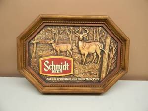 VINTAGE SCHMIDT BEER DEER HUNTING SIGN OUTDOOR SPORTS SCENE WILDLIFE - NICE - APPROX 22 BY 16 - SEE PICTURES
