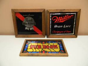 VINTAGE 1970s PABST BLUE RIBBON BEER SIGN - MILLER HIGH LIFE SIGN - PUB ROOM SIGN - 2 APPROX 11 BY 10 - 1 APPROX 12 BY 7 - THROWBACK - SEE PICTURES