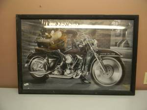LARGE VINTAGE 1996 LOONEY TUNES WARNER BROS. TAZ ACME GLIDE MOTORCYCLE BIKER PRINT - FRAMED APPROX 38 BY 25 - SEE PICTURES