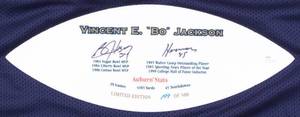 lot 20 image: Bo Jackson Signed Limited Edition Auburn Tigers Jersey with Career Stat Football Panel Inscribed Heisman 85 (JSA COA)
