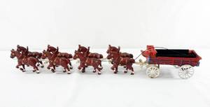 lot 125 image: Vintage Price Products Cast Iron Clydesdale Drawn Wagon