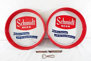 lot 129 image: Lot of Vintage Schmidt Beer Trays and Bottle Openers