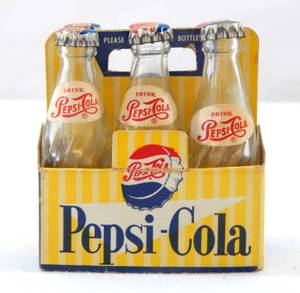 lot 213 image: Vintage Mini Pepsi Cola Glass Bottle 6 Pack