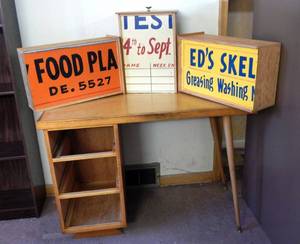 lot 89 image: Unique Vintage Mid Century Desk With Store Sign Drawer Bottoms