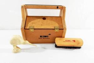 lot 221 image: Vintage Kiwi Shoe Groomer Shoe Shine Box and Vintage Kiwi Promotional Figure