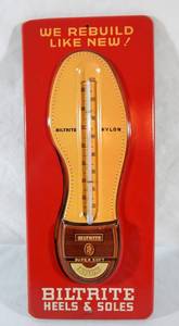 lot 10 image: Vintage Mid Century Biltrite Heels and Soles Tin Thermometer