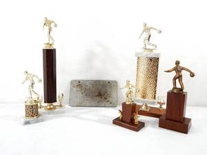 lot 59 image: Lot of Vintage Bowling Trophies and Sign