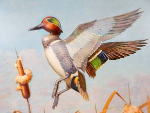 lot 11 image: Vintage 1958 Brown and Bigelow Richard E. Bishop Teal Duck Framed Formcraft Vacuum Form Print