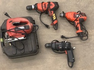 lot 17 image: (3) Electric Drills, Electric Jig-Saw, Etc