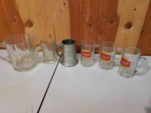 lot 7 image: Schmidt Beer Glasses, Pewter Stein, Glass Mug and Heavy Pitcher