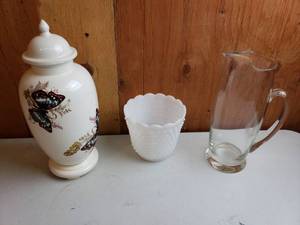 lot 70 image: Butterfly Urn, Milk Glass Pot, Glass Pitcher