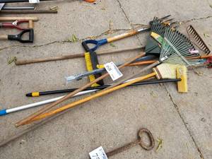 lot 68 image: Lot of (9) Leaf Rakes, Garden Rakes, Brooms, Pitch Fork, Edger