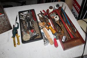 lot 83 image: Hand Tools, 2-Tool Trays, Scrapers, Pliers, Pipe Cutters, Snips, Vise Grips, Sockets, And More