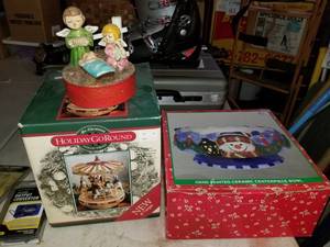 lot 169 image: Lot of (3) Holiday GoRound Mr. Christmas Collectibles, Snowman Hand Painted Ceramic Centerpiece Bowl, Manger Music Box