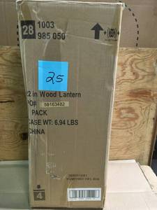 lot 25 image: Hampton Bay 22 in. Rustic Wood Outdoor Patio Lantern with Metal Top- not used