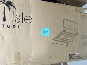 lot 84 image: Royale Gray Velvet King Upholstered Bed frame by Belle Isle Furniture- open box