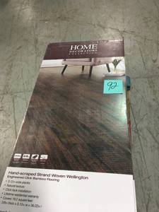 lot 92 image: (4 cases, 76 sq. ft.) Home Decorators Collection Hand Scraped Strand Woven Wellington 38 in. T x 5-18 in. W x 36 in. L Engineered Click Bamboo Flooring- not used