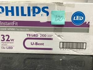 lot 120 image: Philips 32-Watt Equivalent T8 LED InstantFit U-Bent Light Bulb Cool White Plastic Bulb-not used