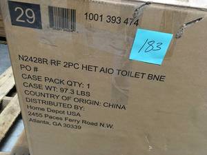 lot 183 image: Glacier Bay 2-Piece 1.28 GPF High Efficiency Single Flush Round Toilet in Bone- not used