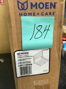 lot 184 image: MOEN Fold Down Teak Shower Seat in Old World Bronze- not used