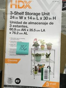lot 186 image: 23.3 in. W x 30.3 in H x 13.3 in D Chrome 3 Tier Shelving Unit.- not used